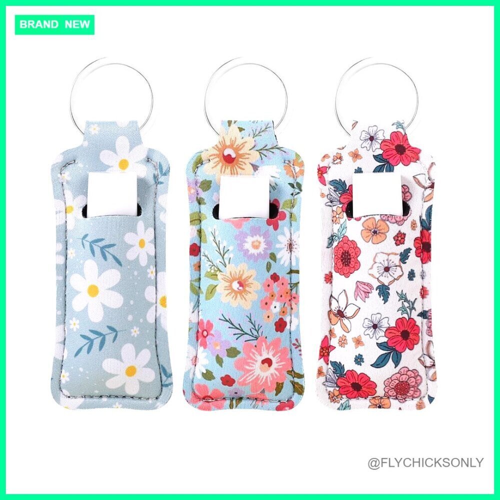 Neoprene Chapstick Holder Keychain with Clip, 3 Pack